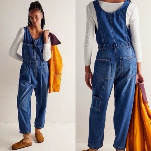 We The Free Pants - NWT Free People We The Free Cloud Nine Jumpsuit Cargo Large Denim Blue Relaxed